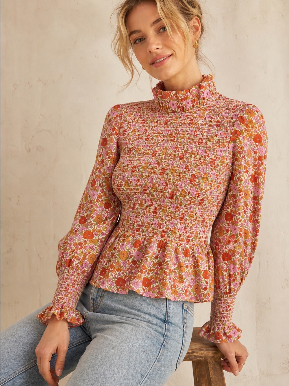 Tuckernuck Blushing Bouquet Rowen Smocked Peplum Blouse 100% Cotton XS